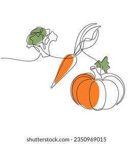 Broccoli carrot pumpkin vector. Line continuous hand drawn illustration. Vegetable outline icon. Garden plant. Minimal linear silhouette. Graphic design, print, banner, card, brochure, sign, doodle.