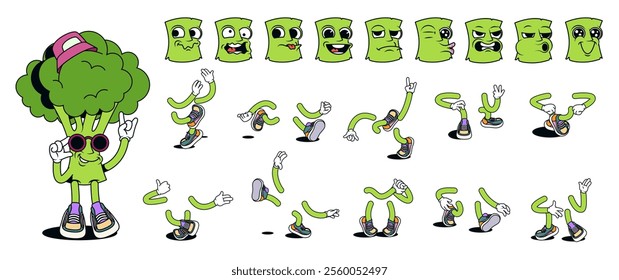 Broccoli cartoon character with groovy comic faces set. Funny green vegetable mascot with bundle of happy, smile, sad, angry and other facial emotions, legs poses, hands gestures. Vector illustration.