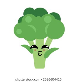 Broccoli cartoon character with kawaii face and cute expression, funny vegetable emoji sticker in green color for kids, healthy diet icons, flat art for decoration and food design use 