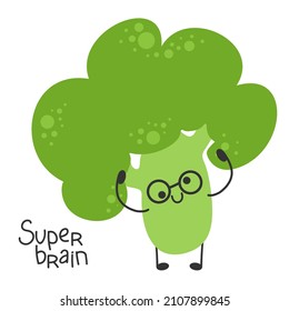 Broccoli cartoon character wearing glasses. Funny and cute vegetable. Genius smart brainiac. 