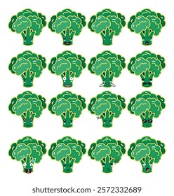 A broccoli cartoon illustration with various expression for design element or food poster element