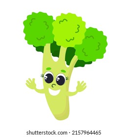 Broccoli in cartoon style. A vegetable with a happy and smiling face. Vegetable for baby food, packaging, for vegetable puree or packaging.