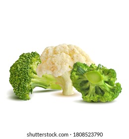 Broccoli and Cauliflower low poly. Fresh, nutritious, tasty Cauliflower and broccoli. Delicious and healthy lunch. Vector illustration. Broccoli and Cauliflower in triangulation technique.