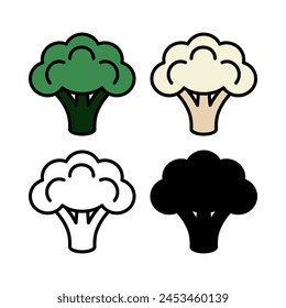 Broccoli and cauliflower set. Colored cabbage icons. Silhouette and outline. Delicious and healthy vegetables. Vegitarianism. Vector illustration.