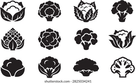 Broccoli and cauliflower silhouette icon set with black vegetable designs for healthy food