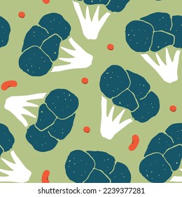 Broccoli or Cauliflower Vegetables seamless pattern. Vegetarian healthy bio food background, Vegan organic eco products. Vector illustration.