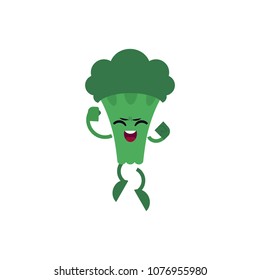 Broccoli celebrating success and jumping up with happy expression. Flat cartoon isolated character of green useful vegetable achieved victory for healthy lifestyle concept. Vector illustration.