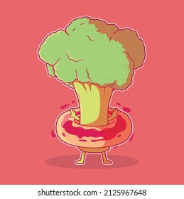 Broccoli character with a donut vector illustration. Food, funny, healthy design concept.