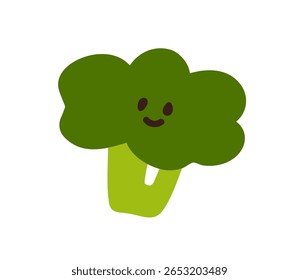 Personagem de brócolis com sorriso feliz. Vegetal engraçado bonito com rosto no estilo divertido doodle kawaii. Emoção de comida vegetariana cômica, expressão. Ilustração de vetor plano isolada no plano de fundo branco