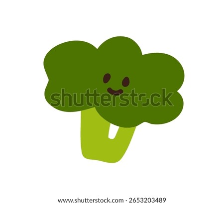 Broccoli character with happy smile. Cute funny vegetable with face in doodle kawaii playful style. Comic veggie food emotion, expression. Flat vector illustration isolated on white background