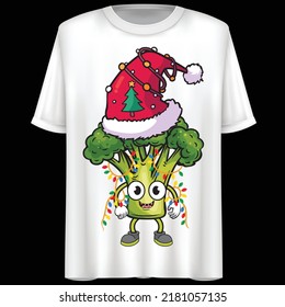 Broccoli, Character, Santa Hat, Lighting, Weihnachten, Vektorgrafik. T-Shirt-Design.