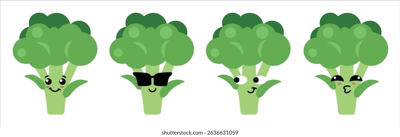 Broccoli character set with cute emotions for kids and healthy food concept — isolated vegetable illustration for emoji, poster, menu, children’s design