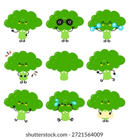 Personagens de brócolis que apresentam peso feliz, fresco, chorando, com raiva, correndo, levantando peso, mostrando signo em branco e expressões neutras, ilustrando conceitos de alimentos saudáveis