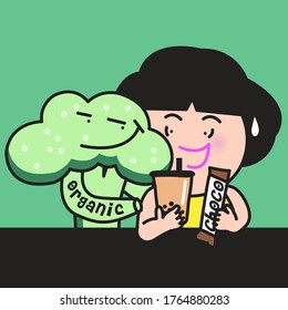 A Broccoli With Cheeky Face Convincing Girl To Eat Organic Food Rather Than Sweet Treats In Her Hands Concept Card Character illustration