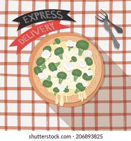 Broccoli and cheese pizza on table