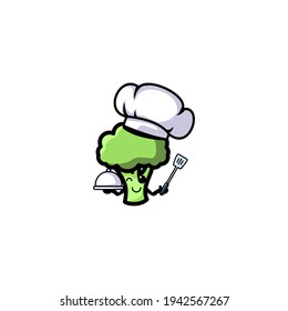 Broccoli Chef Cartoon Character Design Vector Illustration Mascot. Cute, Happy, And Fun Style. Recommended For Vegetable Shop Logo.