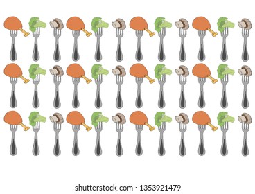 
broccoli chicken mushroom on a fork