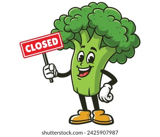 Broccoli with closed sign board cartoon mascot illustration character vector clip art hand drawn