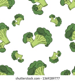 Broccoli colored isolated seamless pattern on white background. 
llustration on the theme of super food and proper nutrition.