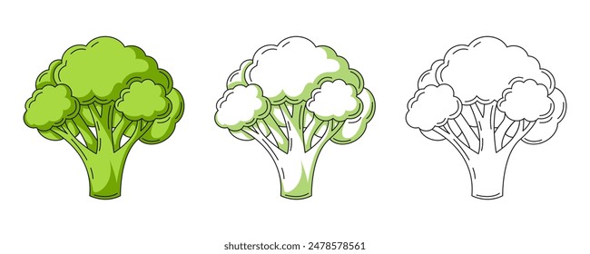 Broccoli, colorful and line icons set. Farm vegetable vector outline icon, monochrome and color illustration. Healthy nutrition, organic food, natural product. For sticker, logo, coloring book