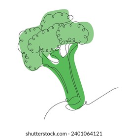 Broccoli in continuous line art drawing style. One broccoli minimalist black linear sketch with colored spots isolated on white background. Vector illustration