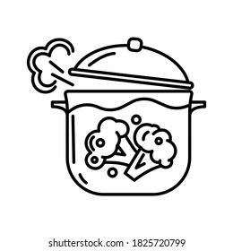 Broccoli is cooked in a saucepan. Line art vector icon.
