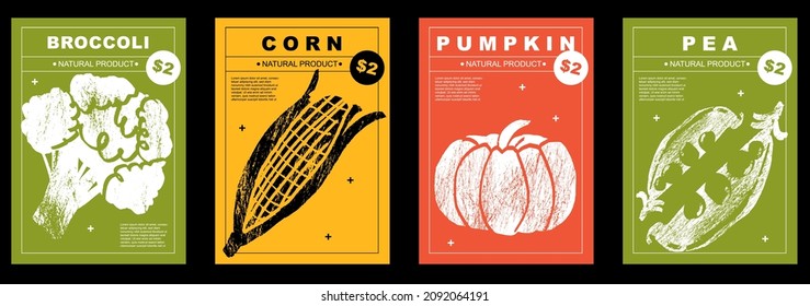 Broccoli, corn, pumpkin, pea. Set of posters of vegetables in a abstract draw design. Label or poster, price tag. Simple, flat design. Patterns and backgrounds. Perfect for poster, cover, banner.