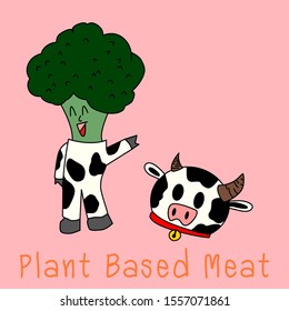 Broccoli in cow costume with text “plant based meat” under ,artificial food & plant based meat concept