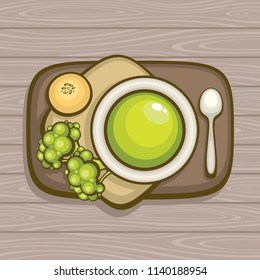 Broccoli cream soup. Top view vector illustration. Fresh soup in ceramic bowl on a wood tray with wheat bun. Tasty lunch. Design for menu and recipe.