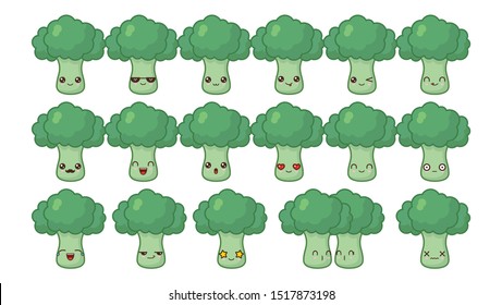 Broccoli cute kawaii mascot. Set kawaii food faces expressions smile emoticons. 