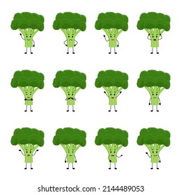 Broccoli. Cute vegetable characters with different emotions, vector illustration