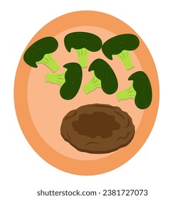 brócoli con chuleta sobre un plato sobre un fondo blanco