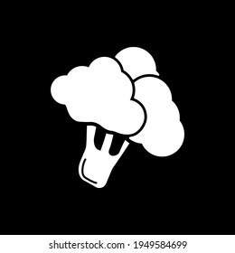 Broccoli dark mode glyph icon. Fresh vegetable. Veggie sprout. Grocery food. Recipe ingredient. Grocery product and foodstuff. White silhouette symbol on black space. Vector isolated illustration