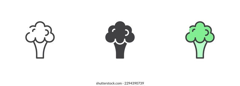Broccoli different style icon set. Line, glyph and filled outline colorful version, outline and filled vector sign. Symbol, logo illustration. Vector graphics