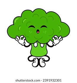 Broccoli haciendo personaje de yoga. Dibujo a mano del vector tradicional de caricatura vintage, retro, kawaii icono de ilustración del personaje. Aislado sobre fondo blanco. Carácter de relajación de brócoli