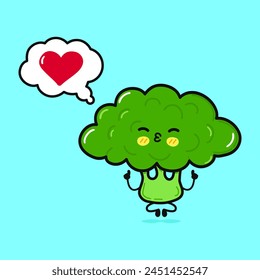 Broccoli doing yoga with speech bubble. Vector hand drawn cartoon kawaii character illustration icon. Isolated on blue background. Broccoli in love character concept