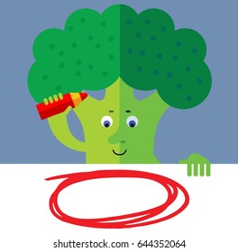 Broccoli drawing a red pencil empty frame on a blank sheet. Flat style vector illustration. Funny cartoon character for agriculture or food design