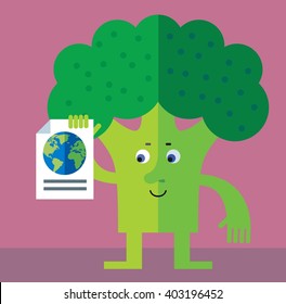 Broccoli engaged in a global search. Flat style vector illustration. Funny cartoon character for agriculture or food design
