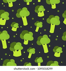 Broccoli flat vector seamless pattern. Vegetable cartoon style illustration. Isolated Broccoli background. Farm market product. Vegan concept.