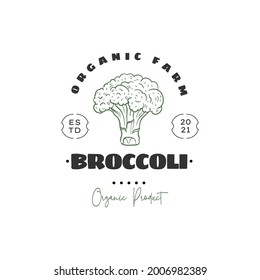 Broccoli food logo template. Hand drawn illustrations for for restaurant, bar, vegan, healthy and organic food, market, farmers market, cooking school, food truck, delivery service.