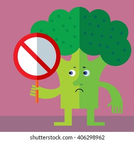 Broccoli with forbidden sign. Flat style vector illustration. Funny cartoon character for agriculture or food design