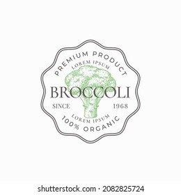 Broccoli Frame Badge Or Logo Template. Hand Drawn Vegetable Sketch With Retro Typography And Borders. Vintage Premium Oval Emblem. Isolated.