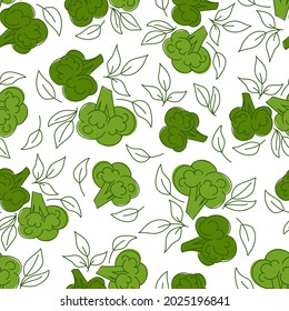 Broccoli, fresh vegetables seamless pattern. Vector minimal illustrations template for your design. Pattern for kitchen textiles, packaging, paper on a white background.