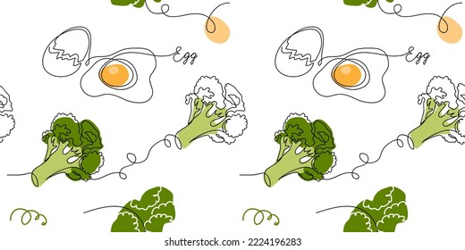 Broccoli and fried eggs vector keto diet breakfast pattern or texture. One continuous line art drawing pattern with broccoli and fried eggs.