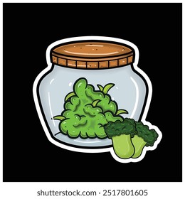 Sabor de fruta de brócoli con la mascota de la historieta de Weed Bud en tarro. Para pegatina y etiqueta. Vector e ilustración.