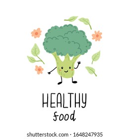 Broccoli funny cartoon character. Vector illustration isolated. Concept of healthy food, vegetarian. Broccoli have abstract, cartoon, hand drawn style.
