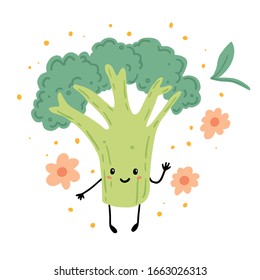 Broccoli funny cartoon character. Vector illustration isolated. Concept of healthy food, vegetarian. Broccoli have abstract, cartoon, hand drawn style.