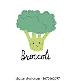 Broccoli funny cartoon character. Vector illustration isolated. Concept of healthy food, vegetarian. Broccoli have abstract, cartoon, hand drawn style.