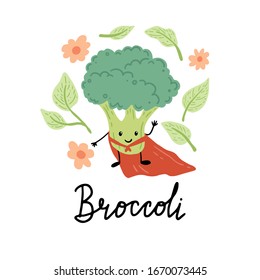 Broccoli funny super hero cartoon character. Vector illustration isolated. Concept of healthy food, vegetarian. Broccoli have abstract, cartoon, hand drawn style.