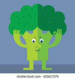 Broccoli gesturing okay. Flat style vector illustration. Funny cartoon character for agriculture or food design